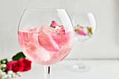 Gin and tonic cocktail with rose infused tonic and frozen roses