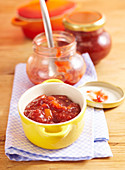 Homemade apricot and plum chutney with mustard