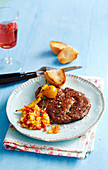 Mango and tomato salsa with seared ribeye steak and grilled baguette
