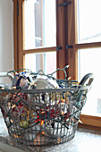 Christmas decorations in wire basket