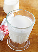 A glass of cold, fresh milk on a wooden surface