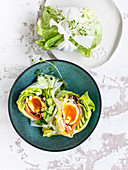 Salatnester mit weichem Ei und Kochschinken
