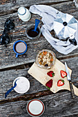 Breakfast on a wooden table outdoors