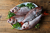 From above tasty fragrant fish decorated with parsley in white plate on wooden background