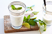 Basil lassi with cold kefir, thick milk, lime, ginger and tabasco