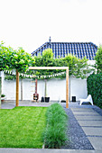 Modern garden with linear design and garden wall