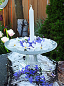 Candle, peppermint flowers and white violas on birch bark on cake stand