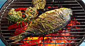 A whole grilled bream with artichokes on a coal-fired grill