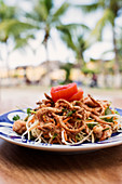 Noodles on plate, palm trees on background, Vietnam