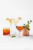 Verschiedene Cocktails: Negroni, Sidecar, Daiquiri, Manhattan, Moscow mule