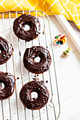 A doughnut with chocolate glaze