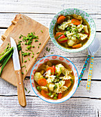 Colourful vegetable soup with farfalle
