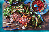 Baked lamb with lentil and eggplant salad
