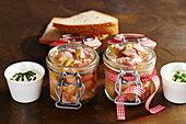 Berlin stock in mason jars with fried potatoes and mustard-chive-dip, with bread