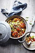 Chicken tagine with spiced Brussels and feta
