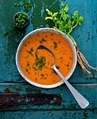 Sweet potato soup with coriander leaves