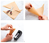 A piping bag being made from parchment paper