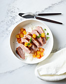 Honey duck breast with mango compote