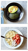 Roasted avocado with couscous being made