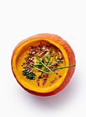 Pumpkin soup with broccoli and lentils