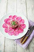 Watermelon and radish carpaccio with beef tartare and capers (low carb)