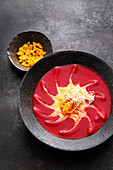 Fruity beetroot soup with mango and horseradish