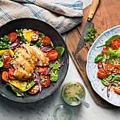 Chicken and vegetable salad on plate