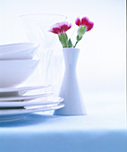 Geschirrstapel und Blumenvase mit Nelken
