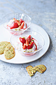 Strawberry labneh with pistachio and coriander seed biscuits