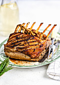 Roasted rack of lamb on a platter
