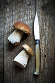 Two wild Porcini mushrooms on a wooden board with a horn handeled foraging knife from Sardinia