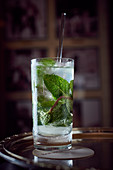 A Seren De Pity cocktail with mint and ice cubes