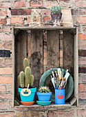 Painted clay pots with cacti and tin cans as utensils in a wooden box