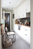 Narrow kitchen with white kitchenette and natural decoration, view into the bathroom