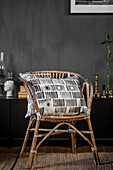 Rattan chair with cushion, cover with DIY stamp print