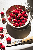 Cherries in a bowl and scattered on a white table
