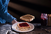 Flying toast with peanut butter and jam