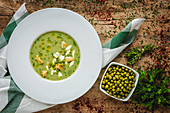 From above mashed vegetable creamy soup with small crackers and green peas and parsley in white bowl on wooden background