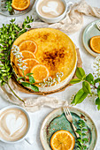 Orange cheesecake creme brulee, coffee latte art