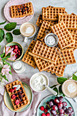 Breakfast with waffles, cottage cheese, fruit and coffee