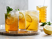 Homemade iced tea with lemon slices