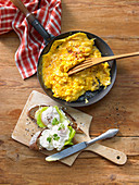 Classic scrambled egg and poached egg on toasted bread