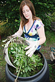 Woman putting weeds into compost bin