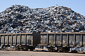 Pile of tin plate in containers at Liverpool docks,UK