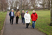 Group of people walking in a park and chatting