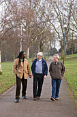 Group of men walking in a park and chatting