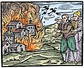 Witches destroying a house by fire - Swabia, 1533