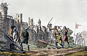 Soldiers and artillery besieging a walled town