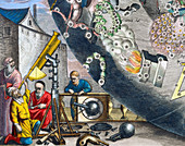 astronomers looking through a telescope, 1660-1661