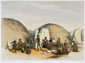 Zulu kraal at Umlazi with huts and screens, 1849